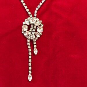 Vintage Silver Cascading Adjustable Lariat Choker Rhinestone Necklace w/ Pendant